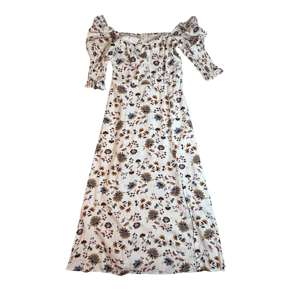 AUDREY PARKS FRANCESCA'S CREAM FLORAL MIDI DRESS PUFF SLEEVES SIZE SMALL